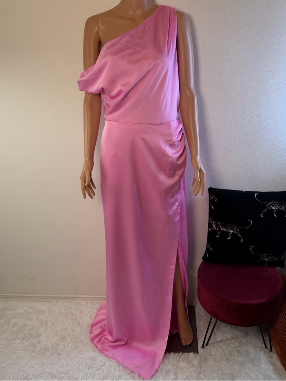 Show Me Your Mumu Jodie Dress in Pink Luxe Satin off shoulder maxi barbie - Picture 2 of 9